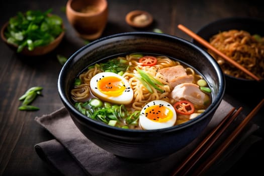 meal background copy lunch space noodle udon asian chopstick cabbage chinese soup vegetable green food pasta ramen cookery eatery bowl japanese. Generative AI.