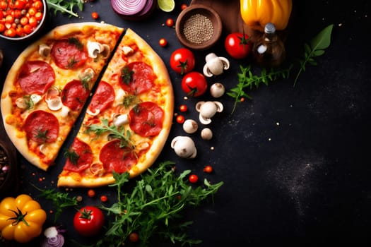 pizza dark background fast copy lunch sauce homemade slice black food space dough snack mediterranean meal italian tomato cheese vegetable food restaurant fast. Generative AI.