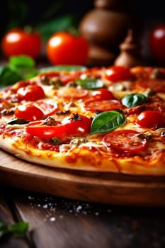 italian pizza tomato sauce homemade baked food tasty fast background fresh copy slice table vegetable meat meal black food fast cheese italy space. Generative AI.