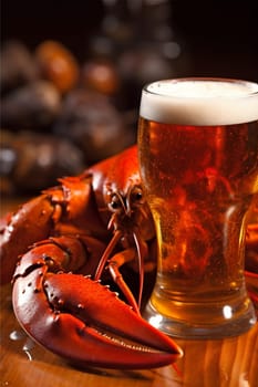 healthy food fresh crayfish snack nutrition alcohol beer beverage dark red glass background crawfish freshness glass wooden crab closeup seafood beer shellfish. Generative AI.