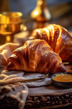 brown table morning france bokeh background bakery cappuccino mug closeup bokeh view croissant dessert freshness breakfast food drink cup delicious white background. Generative AI.