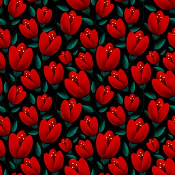 seamless pattern of bright red tulip flowers with green leaves on black background