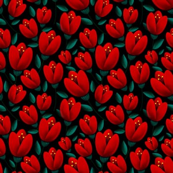 seamless pattern of bright red tulip flowers with green leaves on black background