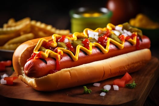 meat dog dog bar-b-q bread hot snack american sauce fast wooden traditional burrito tomato fat sausage eat barbecue food hot fresh background. Generative AI.