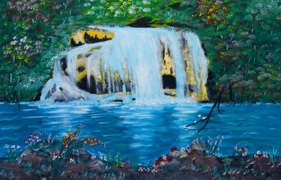 Oil painting of Small waterfall along peaceful river hidden inside a forest