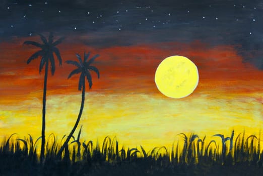 Oil painting of Tropical silhouette at sunset with full yellow moon and starry night sky