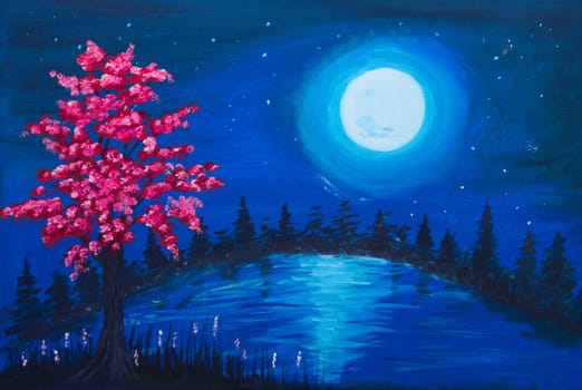 Oil painting of Full moon on blue starlit night shining on hilltop , one tree covered with pink blossoms in front