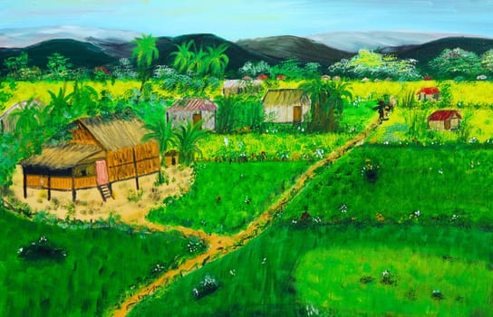 Oil painting of Small village in Thai countryside by mountains