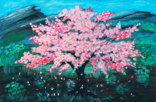 Oil painting on canvas of one pink sakura cherry tree in full bloom on green field