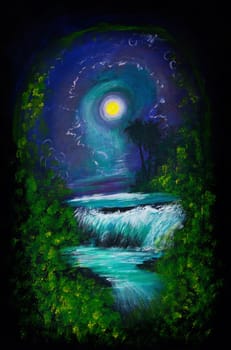 Oil painting of Mignight moon over forest waterfall, seen through an archway of green vines