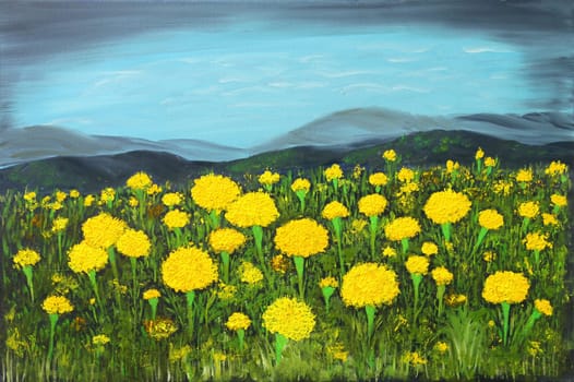 Oil painting of Field of yellow dandelions by rolling hills