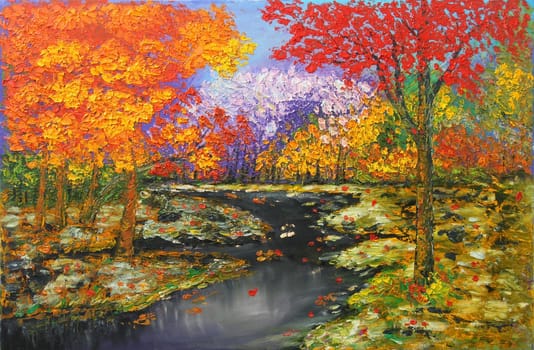 Oil painting of Winter river running through colorful autumn forest