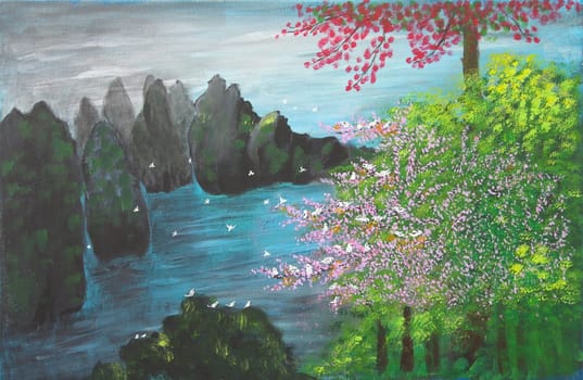Oil painting of White birds resting in flowering trees on high  mountain cliffs of China