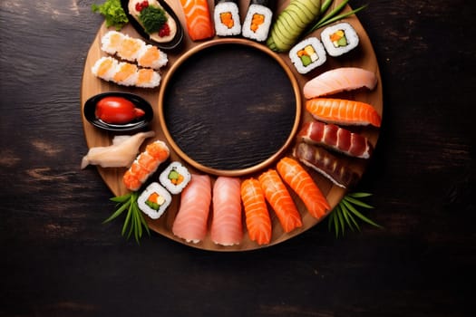 sushi food space tuna rice japanese mock-up dinner healthy fresh table soy fish seafood meal roll avocado copy asian background traditional. Generative AI.