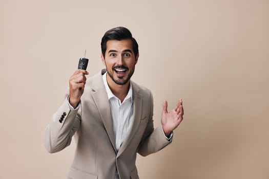 happy man adult smile hold call person suit cyberspace business beard guy white confident gray young smartphone holding corporate phone portrait