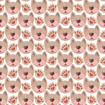 seamless pattern with cat heads and paws on a white background