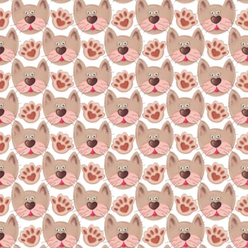 seamless pattern with cat heads and paws on a white background