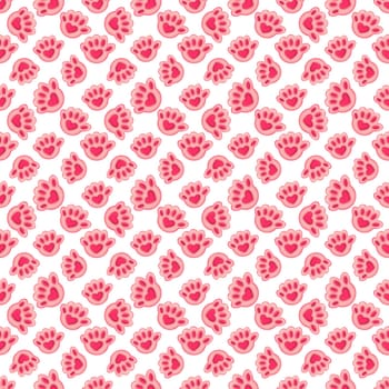 seamless pattern with pink cat paw with heart on a white background