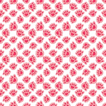 seamless pattern with pink cat paw with heart on a white background