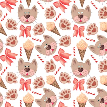 seamless pattern with cats and ice cream and bows for St Valentine Day on white background