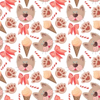seamless pattern with cats and ice cream and bows for St Valentine Day on white background