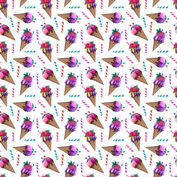 seamless pattern with sweets ice cream cones and striped candy sticks. Ice cream pattern