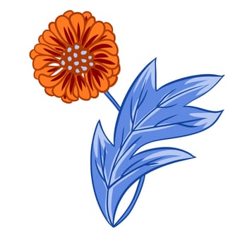 Hand drawn illustration of blue orange zinnia daisy daisy flowers leaves on white isolated background. Bright colorful retro vintage print design, 60s 70s floral art, nature plant bloom blossom.
