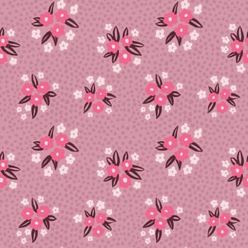 Hand drawn seamless pattern with pastel shabby chic pink lilac flower floral elements green lines dots leaves, ditsy summer spring botanical nature print, bloom blossom stylized petals.