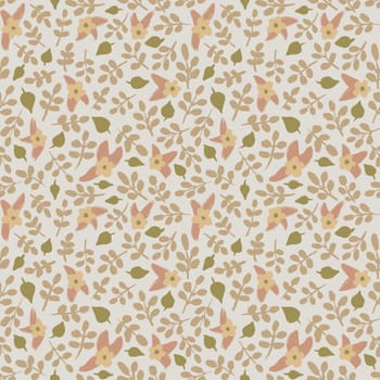 Hand drawn seamless pattern with pastel beige sage green flower floral elements leaves lines dots leaves, ditsy summer spring botanical nature print, bloom blossom stylized petals meadow