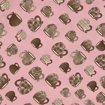 seamless pattern of mugs and cups on a pink background. Hand-drawn illustration. Fashionable background for the design of kitchen accessories, napkins, towels, textiles