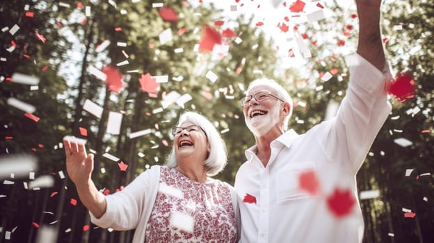 Senior couple with grey hair celebrating Canada Day in park of Canada. Happy tourists visiting Canada. Summer vacation. Generative ai.