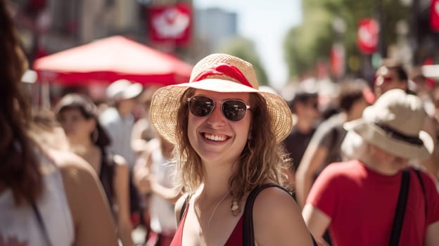 Young diverse adults celebrating Canada Day on streets of Canada. Happy tourists visiting Canada. Summer vacation. Generative ai