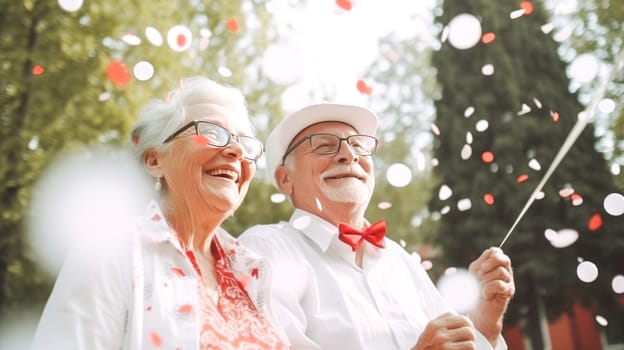 Senior couple with grey hair celebrating Canada Day in park of Canada. Happy tourists visiting Canada. Summer vacation. Generative ai.