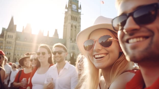 Beautiful couple of young adults taking selfie infront of Parliament of Canada. Canada Day celebration. Summer vacation. Happy tourists visiting Canada. Generative ai