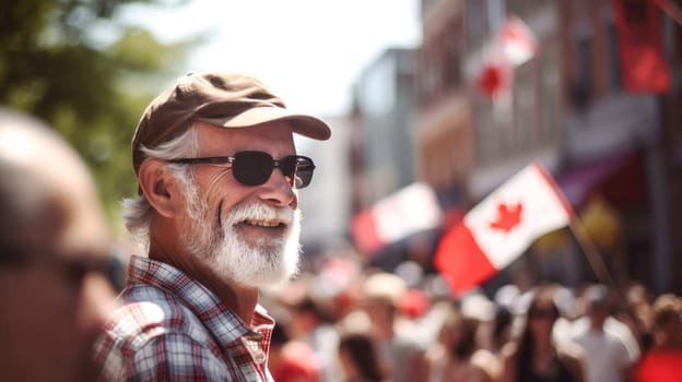 Young diverse adults celebrating Canada Day on streets of Canada. Happy tourists visiting Canada. Summer vacation. Generative ai