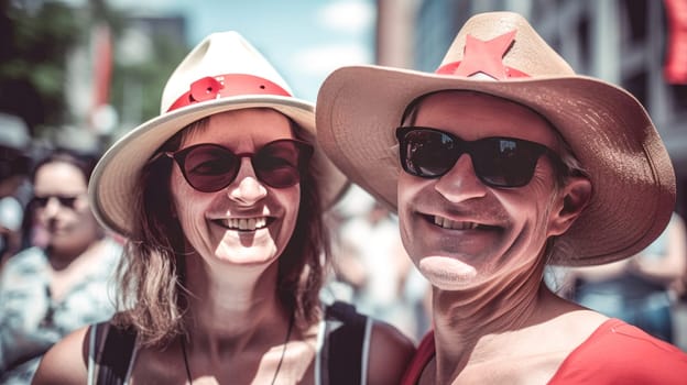 Young diverse adults celebrating Canada Day on streets of Canada. Happy tourists visiting Canada. Summer vacation. Generative ai