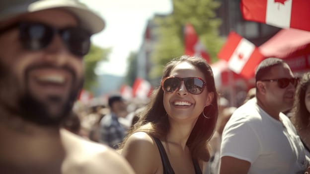 Young diverse adults celebrating Canada Day on streets of Canada. Happy tourists visiting Canada. Summer vacation. Generative ai