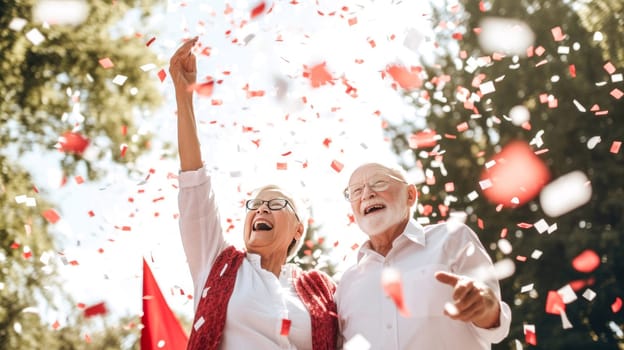 Senior couple with grey hair celebrating Canada Day in park of Canada. Happy tourists visiting Canada. Summer vacation. Generative ai.