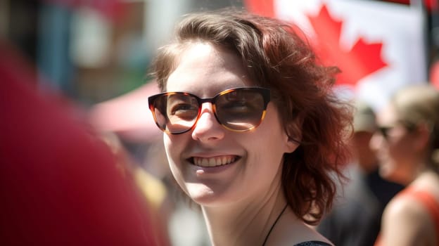 Young diverse adults celebrating Canada Day on streets of Canada. Happy tourists visiting Canada. Summer vacation. Generative ai