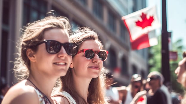 Young diverse adults celebrating Canada Day on streets of Canada. Happy tourists visiting Canada. Summer vacation. Generative ai