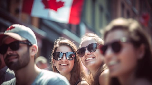 Young diverse adults celebrating Canada Day on streets of Canada. Happy tourists visiting Canada. Summer vacation. Generative ai