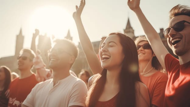 Young adults celebrating Canada Day infront of Parliament of Canada. Happy tourists visiting Canada. Summer vacation. Generative ai