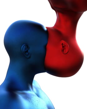 3d render. Merger of a male blue head and a red female head on a white background