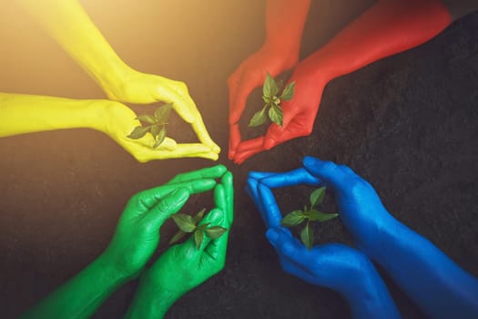 Let the colors unite. unrecognizable people holding budding plants in their multi colored hands