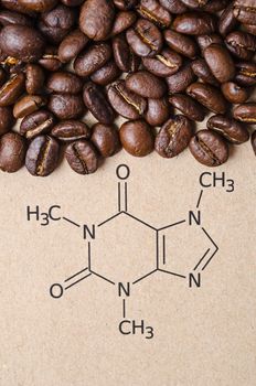 Structural chemical formula of caffeine molecule with roasted coffee beans. Caffeine is a central nervous system stimulant, psychoactive drug molecule.