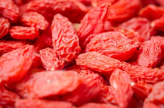 Close up of dried Chinese wolfberries or goji berries.