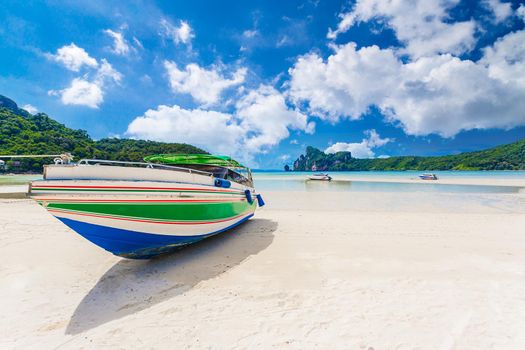 Landscape of speed boat in Phi phi island with blue sky background at Phuket, Thailand.
