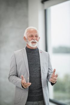 Portrait of a smiling senior businessman working in a modern office.