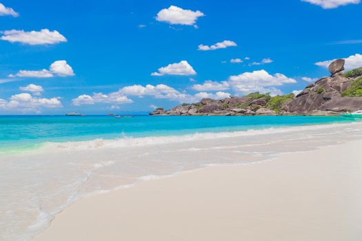 Beautiful sandy beach with wave crashing on sandy shore at Similan Islands Beautiful tropical sea Similan island No.4 at Similan national park, Phang nga Thailand