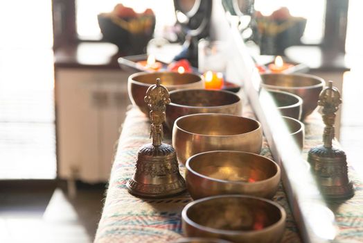 Accessories for sound massage. Tibetan singing bowls treatment
